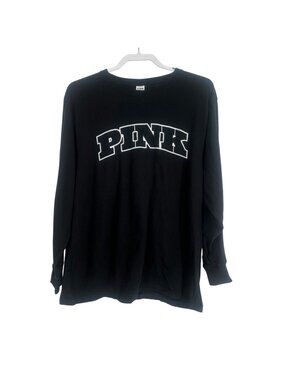 PINK Victoria's Secret Shirt Women's M Black Long Sleeve Varsity Logo Tee Y2K